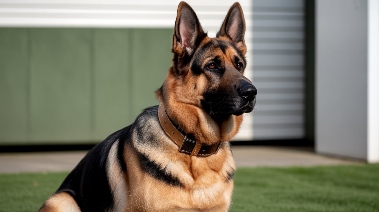 German Shepherd wearing a fitted collar, showing what size collar for a German Shepherd looks like for proper neck fit.