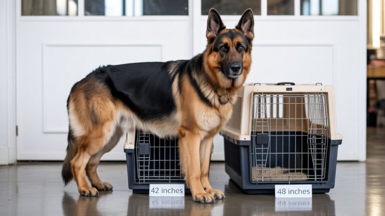 German Shepherd standing beside a metal dog crate indoors, showing proper fit and space when deciding BWhat Size Dog Crate For German Shepherd?