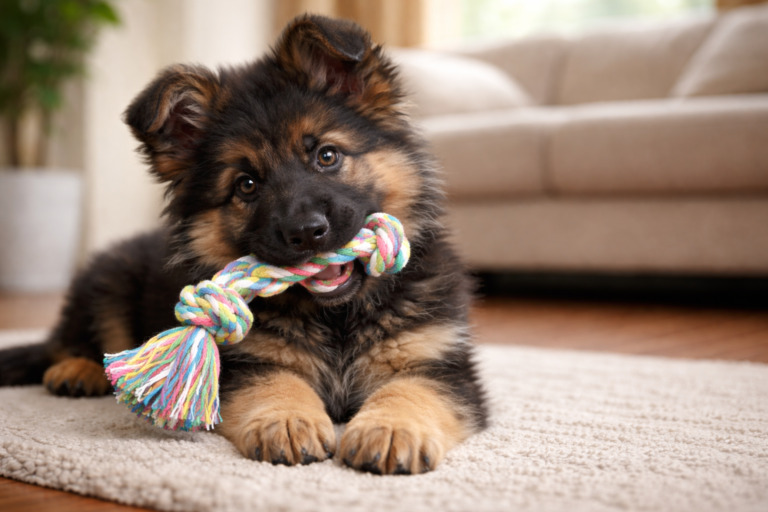 German Shepherd puppy biting toy playfully, learning bite control – how do German Shepherd puppies stop biting naturally