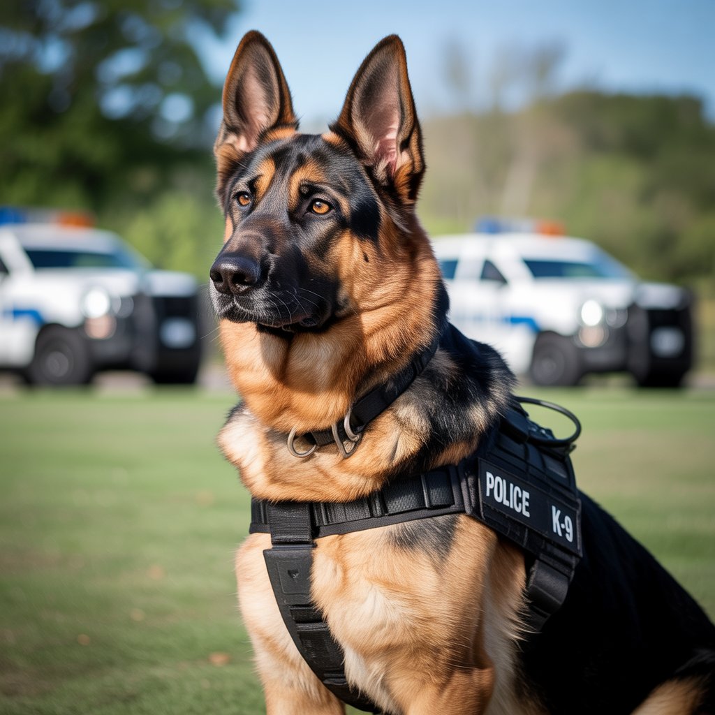 Police K9 German Shepherd sitting alert in training field, honoring service dogs and highlighting when Is German Shepherd Day celebrated worldwide.