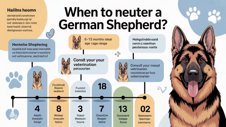 Infographic showing when to neuter a German Shepherd, including ideal age timeline, health factors, and veterinary guidance.