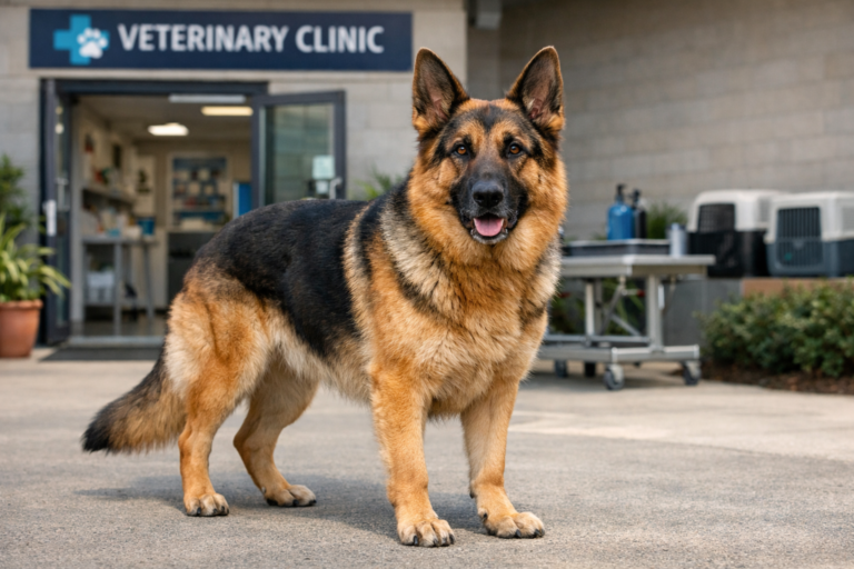 When to neuter a German Shepherd according to vets showing healthy adult dog at clinic for safe neutering timing guidance