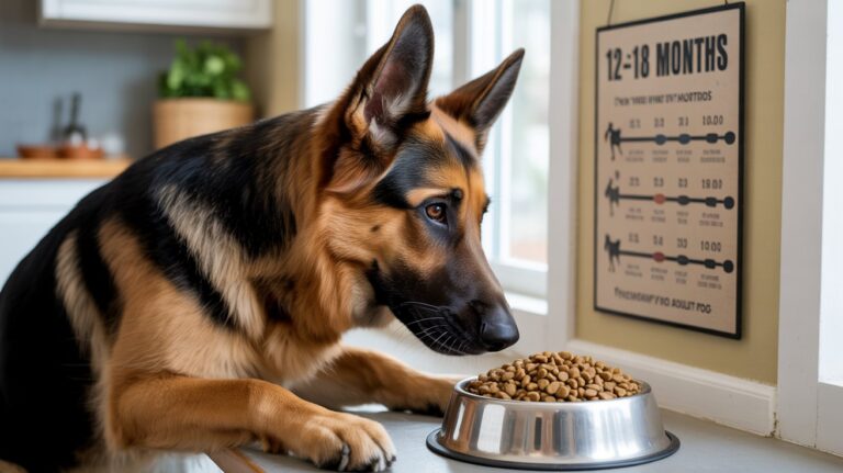 German Shepherd eating from a food bowl near a feeding chart, helping owners understand when to switch German Shepherd to adult food for proper nutrition.