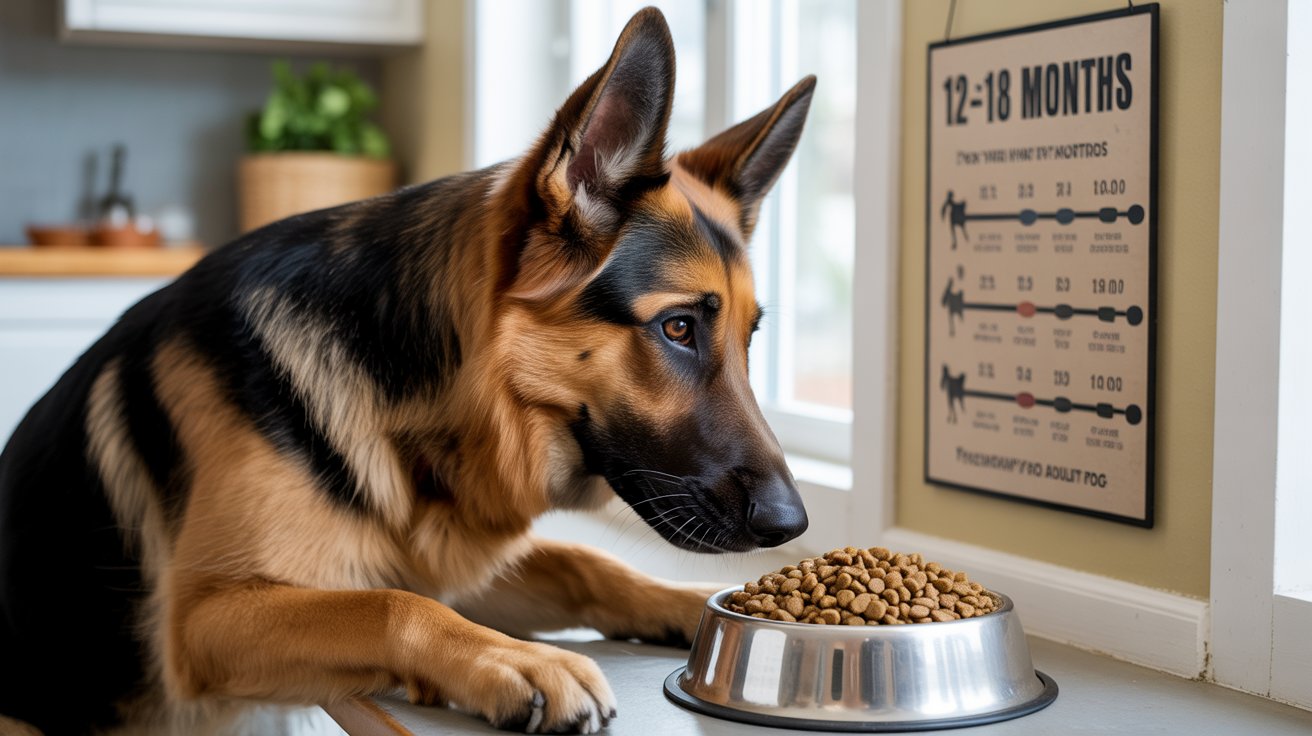 German Shepherd eating from a food bowl near a feeding chart, helping owners understand when to switch German Shepherd to adult food for proper nutrition.