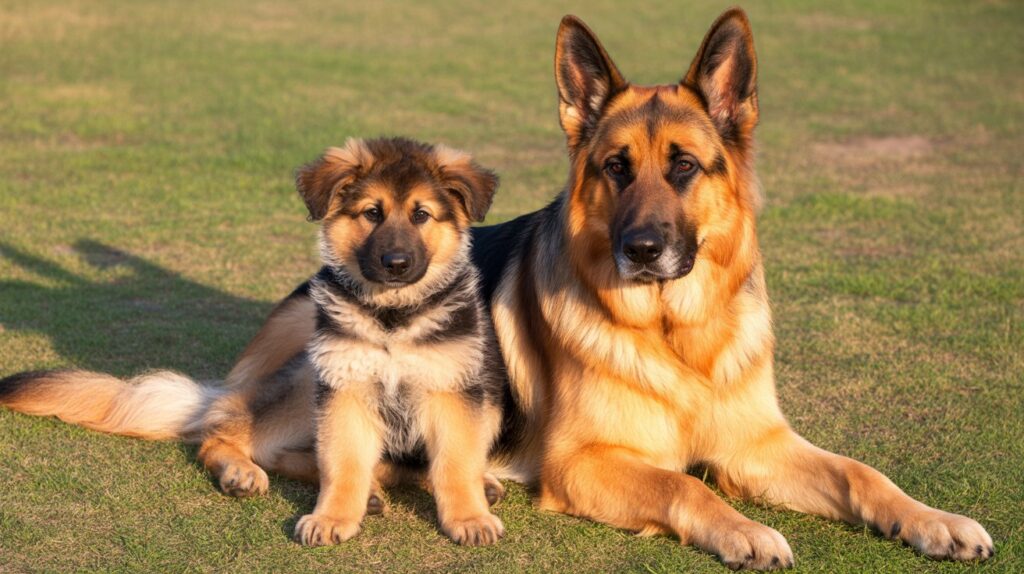 German Shepherd puppy sitting beside an adult dog on grass, showing why do German Shepherds need puppy food longer than other breeds for healthy growth.