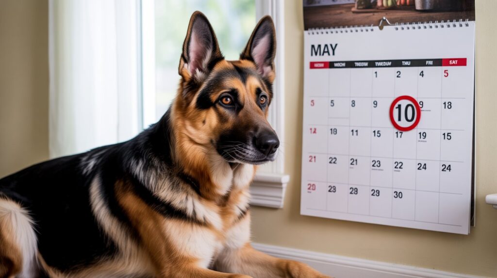 German Shepherd sitting indoors beside a May calendar with May 10 circled, symbolizing why is 10 May considered the Official Date