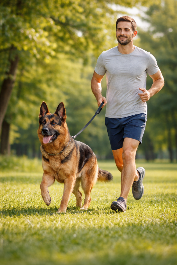 A German Shepherd jogging with its owner in a sunny park, demonstrating why exercise is important for a German Shepherd's life expectancy