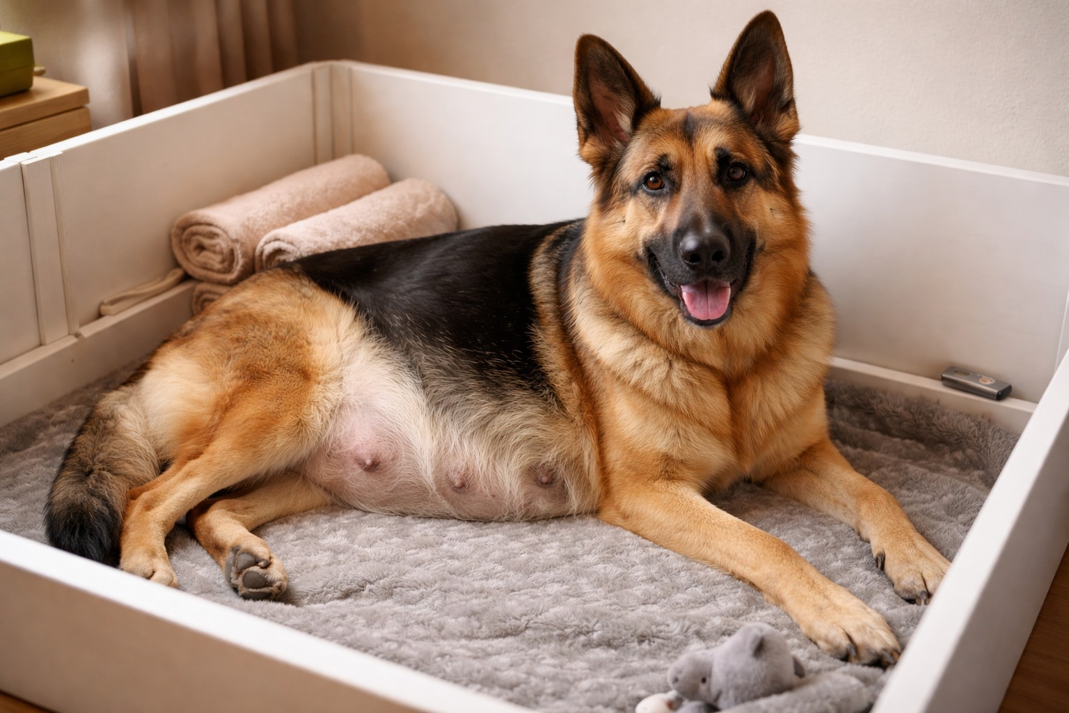 Pregnant German Shepherd showing early labor signs resting in a whelping box before delivery with nesting behaviour at home