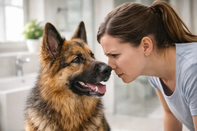 German Shepherd with fishy smell indoors, early sign of anal gland or skin issues that should not be ignored