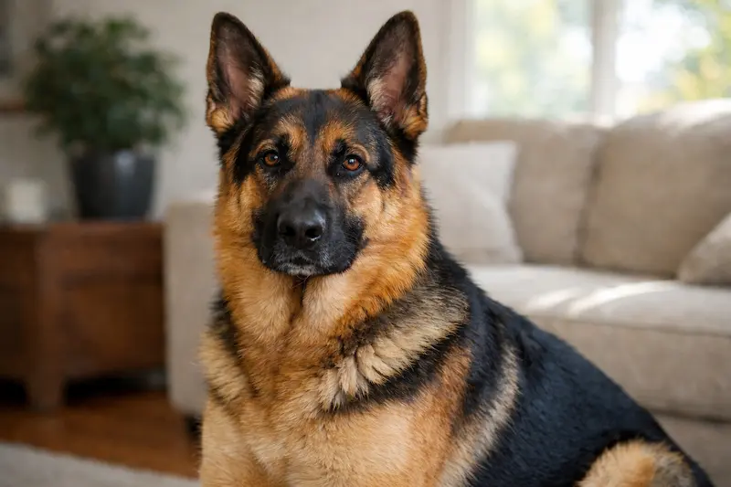 Healthy German Shepherd with clean coat showing how diet affects body odor and overall skin health naturally