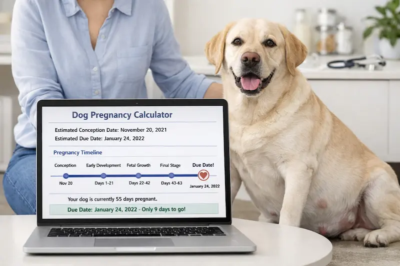 Dog pregnancy calculator showing due date timeline on screen while pregnant dog rests beside owner at home planning whelping care