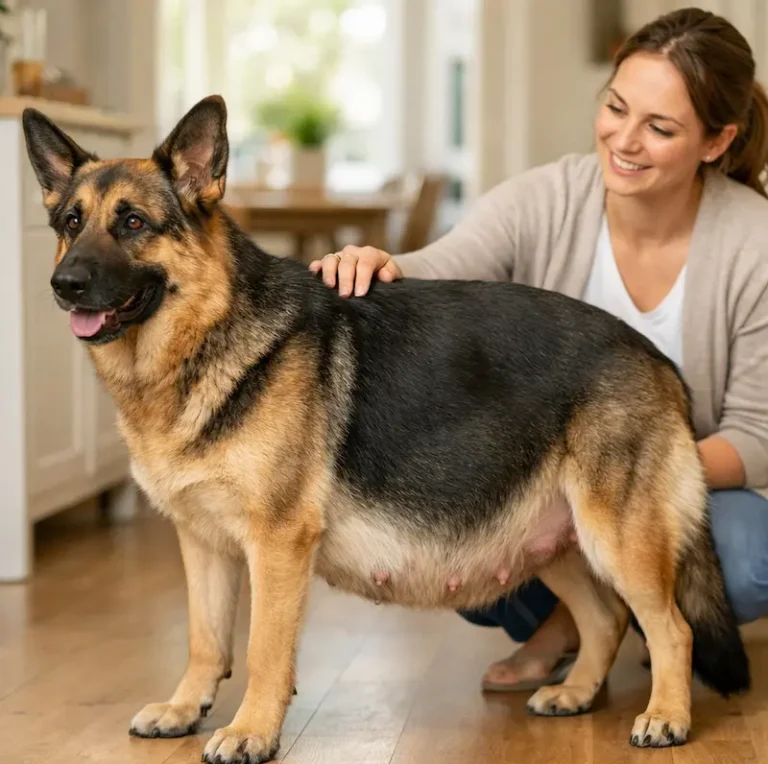 Pregnant German Shepherd with owner showing proper care, health monitoring, and safe environment during German Shepherd pregnancy