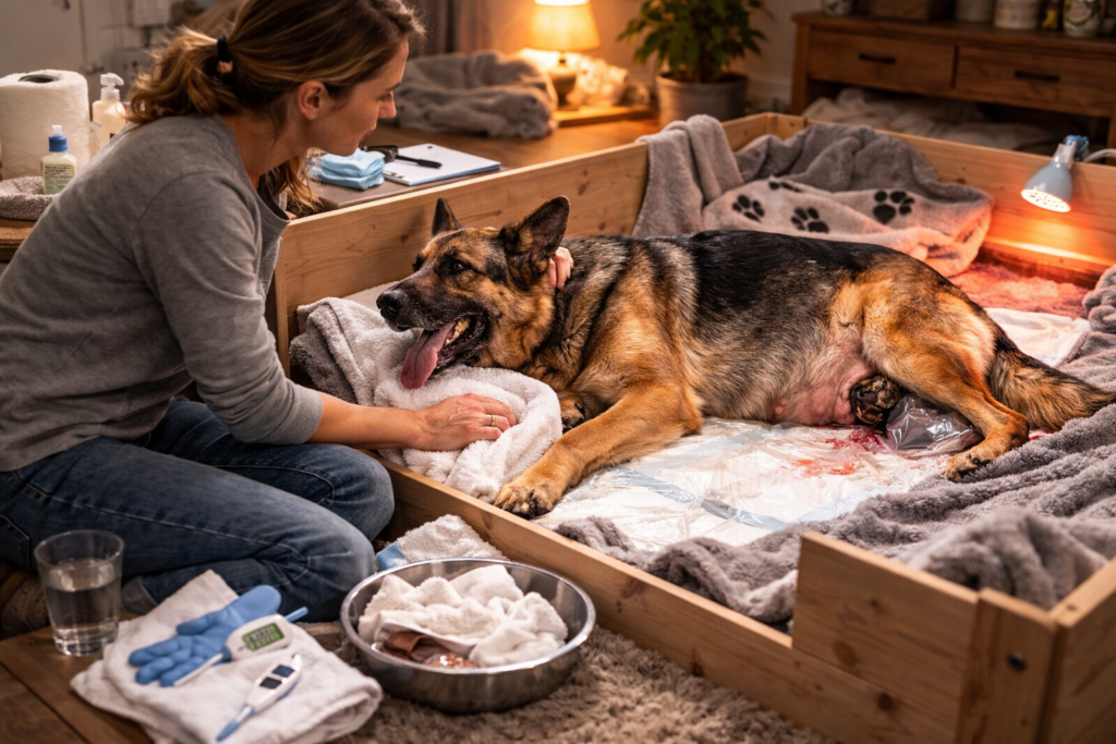 German Shepherd in active labor showing strong contractions and panting before puppy delivery in a prepared whelping box