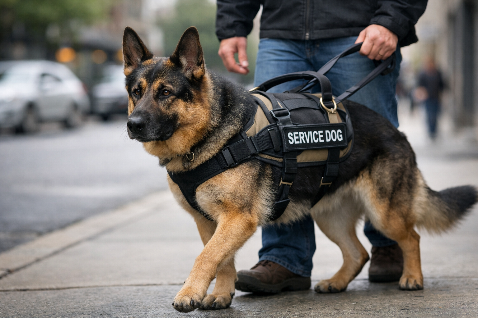 Are German Shepherds good service dogs working calmly beside handler in harness showing strength, focus, and reliable assistance support