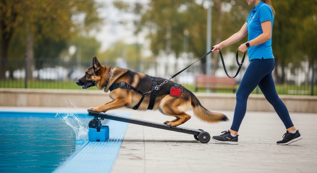 German Shepherd doing low impact exercise and swimming therapy recommended for managing hip problems and hip dysplasia care