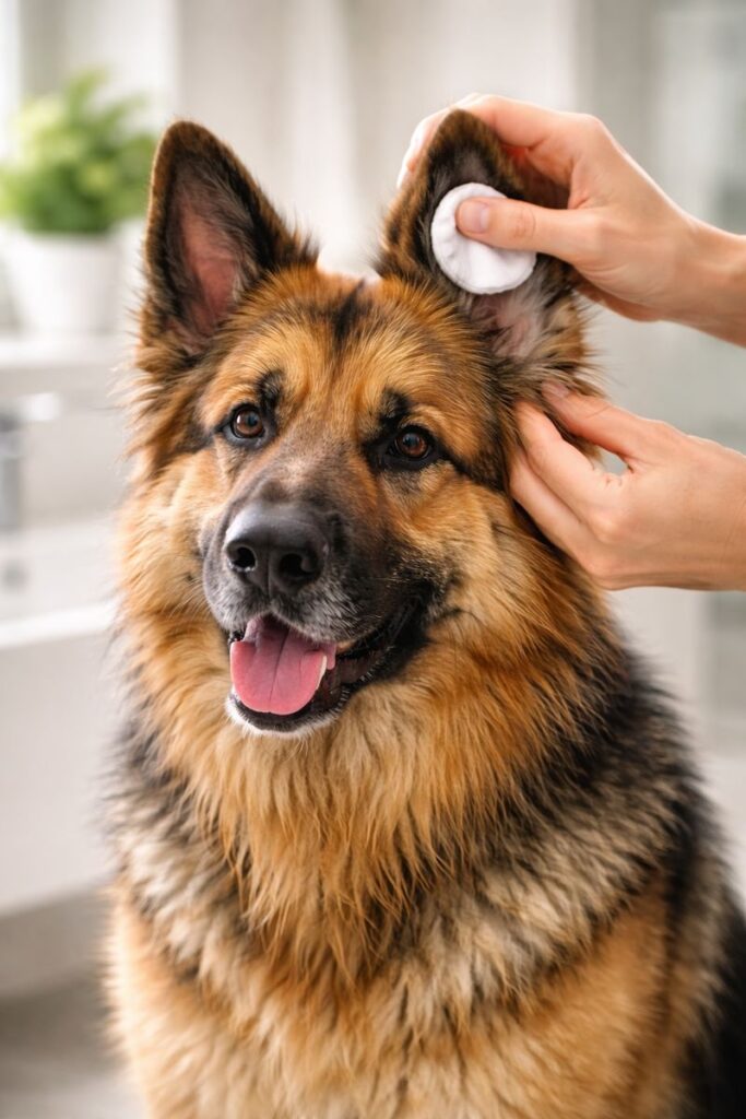 Ear infections are a common reason German Shepherds smell after a bath if ears stay wet or dirty
