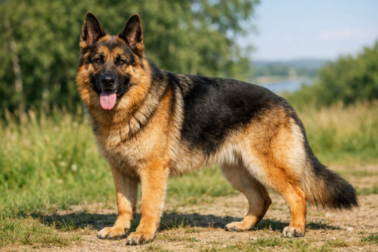 German Shepherd with natural double coat showing why you should not shave a German Shepherd and how fur protects skin
