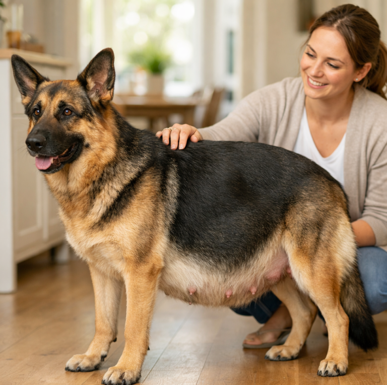 Pregnant German Shepherd with owner showing proper care, health monitoring, and safe environment during German Shepherd pregnancy
