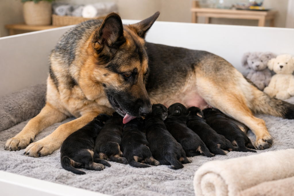 Mother German Shepherd nursing newborn puppies showing early care and bonding after a healthy pregnancy and delivery