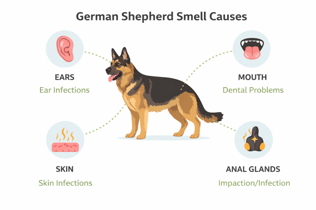 German Shepherd bad smell causes including skin infection, ear issues, dental disease and anal gland problems