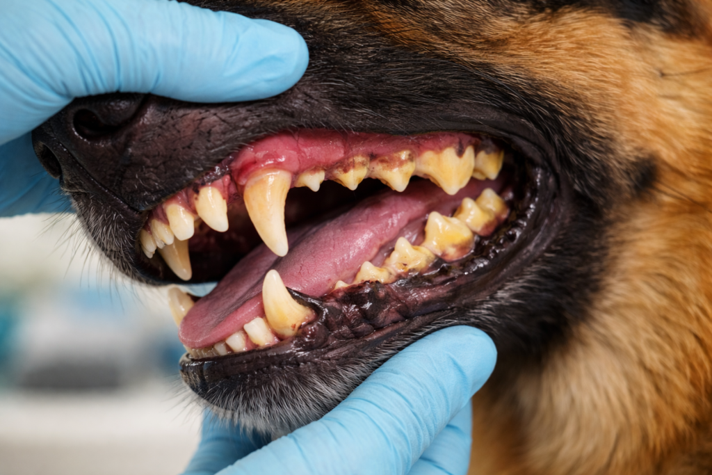 German Shepherd bad breath caused by dental disease and tartar buildup on teeth