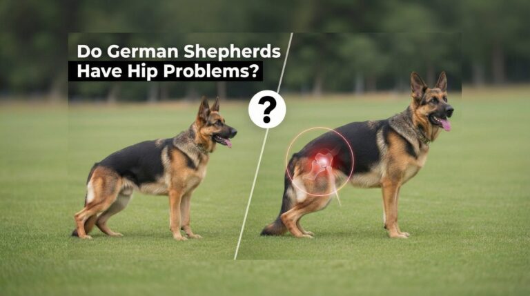 Comparison image showing a healthy German Shepherd and one with hip dysplasia, explaining why German Shepherds have hip problems.