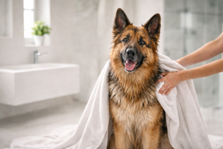 Do German Shepherds smell after a bath due to damp double coat when not dried properly after washing