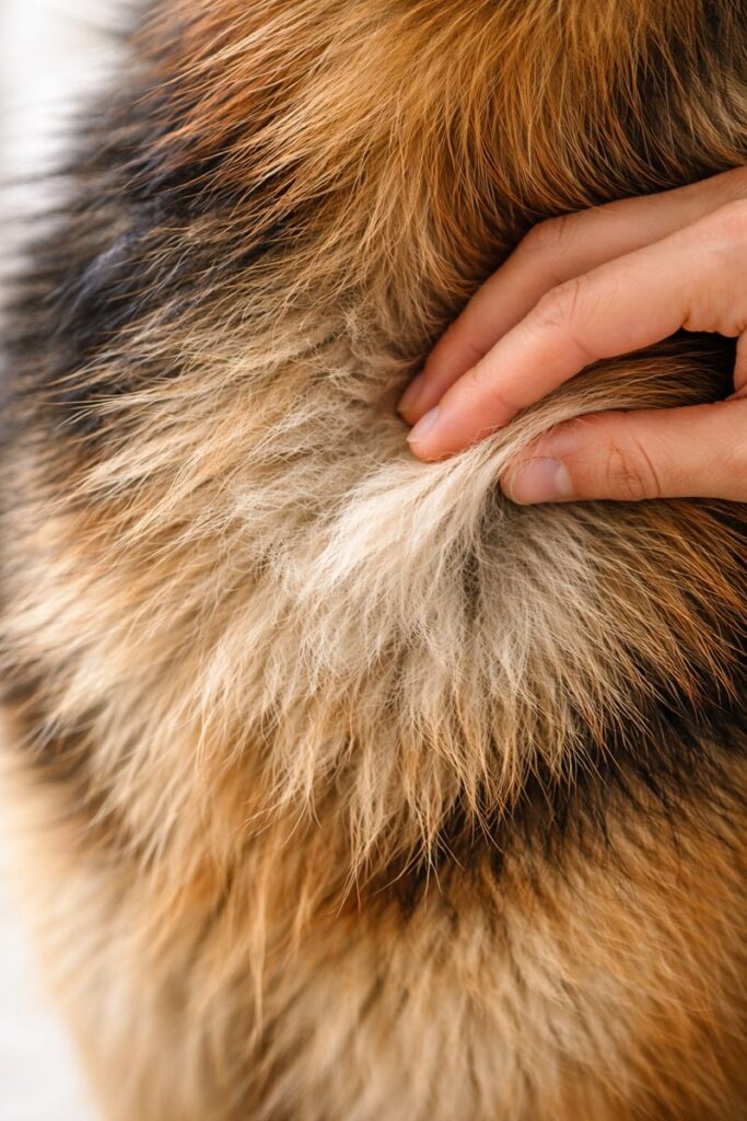 German Shepherd double coat traps moisture and odor, causing bad smell even after a bath