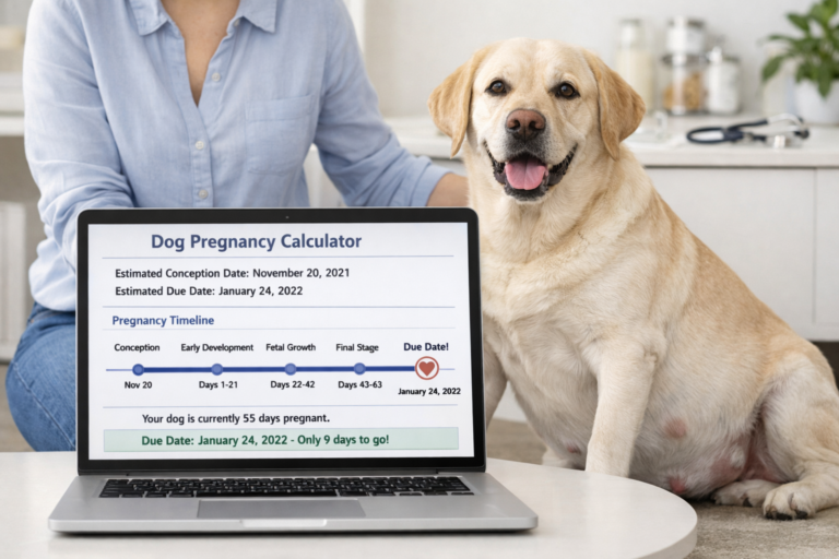 Dog pregnancy calculator showing due date timeline on screen while pregnant dog rests beside owner at home planning whelping care