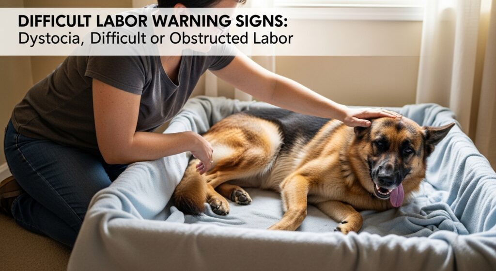 German Shepherd in labor showing warning signs linked to German Shepherd pregnancy complications and difficult delivery risk