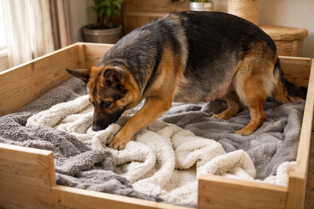 German Shepherd nesting and showing early labor signs like restlessness and preparing a safe space for puppy delivery at home