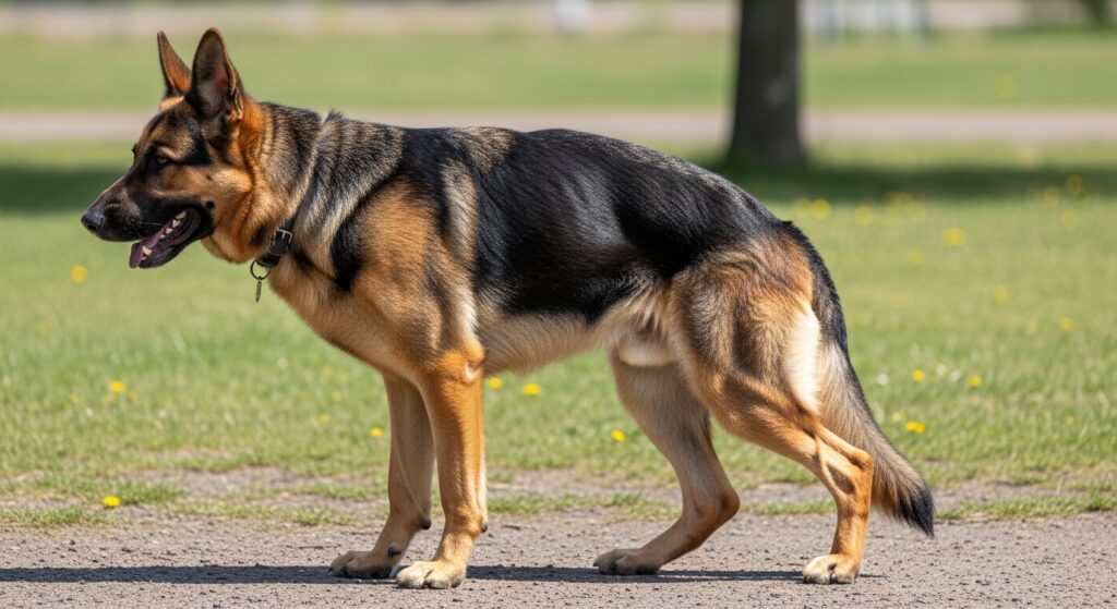 German Shepherd showing early hip problems with stiff movement and bunny hopping gait which may indicate hip dysplasia symptoms
