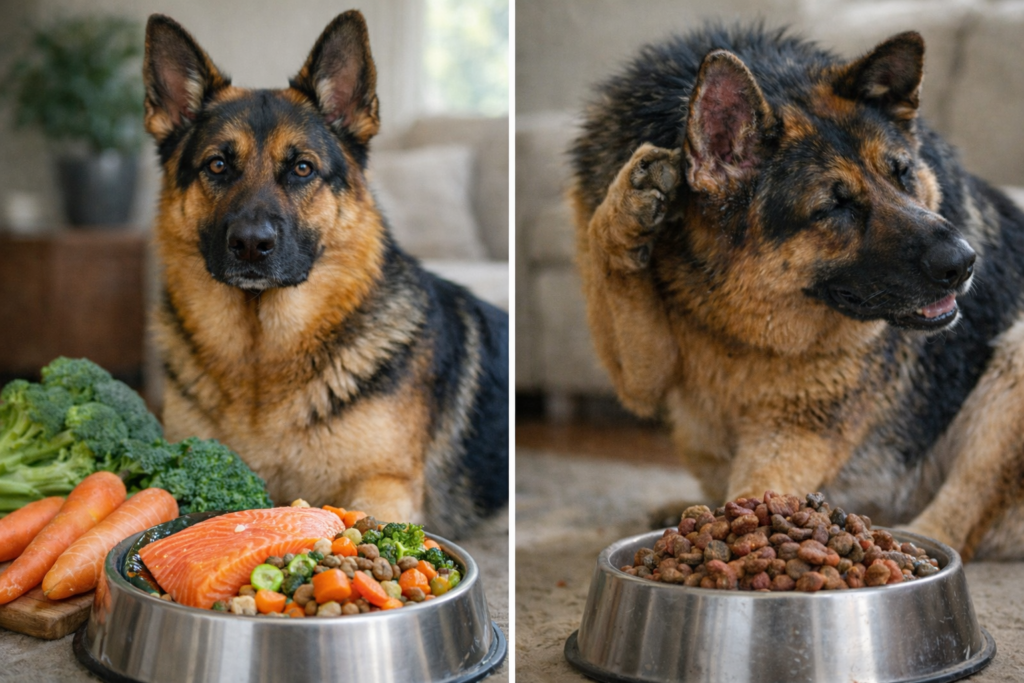Comparison of healthy vs low-quality dog food showing how diet influences German Shepherd bad odor