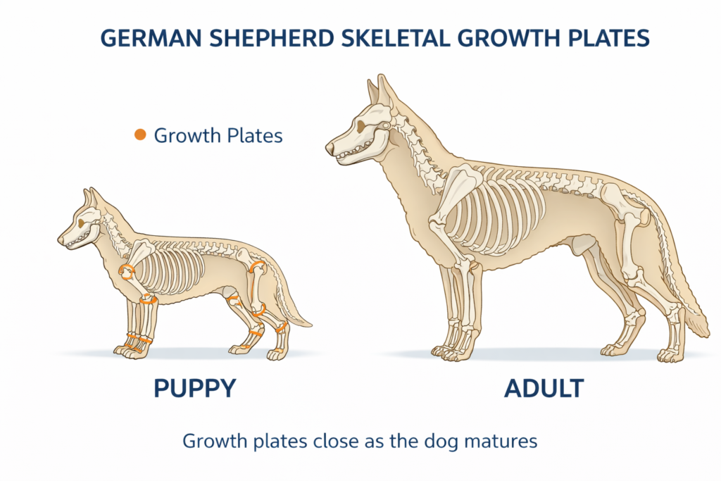 German Shepherd growth stages showing bone development before deciding when to neuter a German Shepherd safely