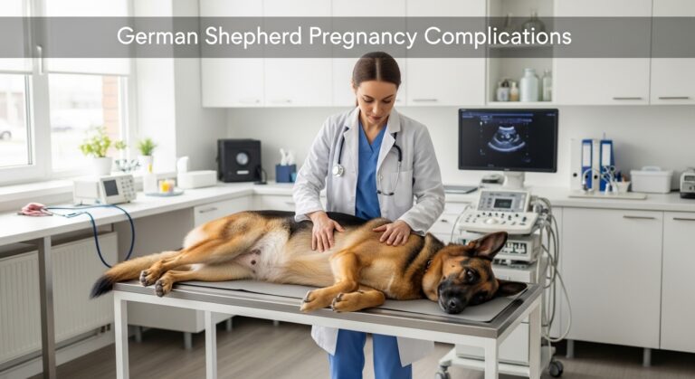 Pregnant German Shepherd undergoing veterinary checkup showing early monitoring for German Shepherd pregnancy complications