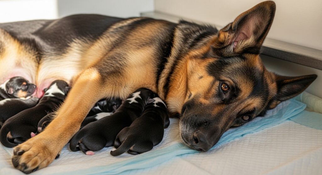 German Shepherd mother nursing puppies while monitoring recovery after German Shepherd pregnancy complications