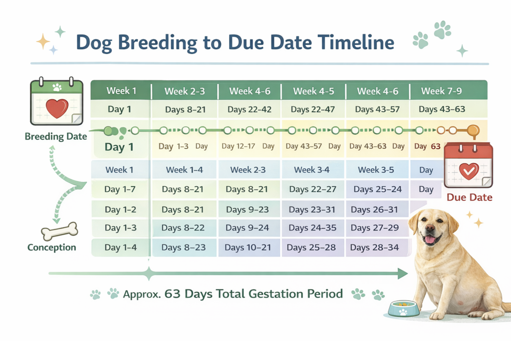 Dog pregnancy calculator timeline chart showing mating date to due date estimate across 63 day gestation period for dogs