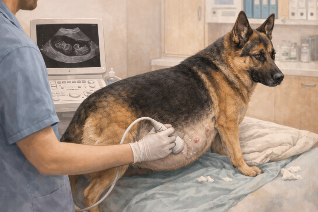 Veterinarian confirming pregnancy of German Shepherd using ultrasound for accurate detection of developing puppies