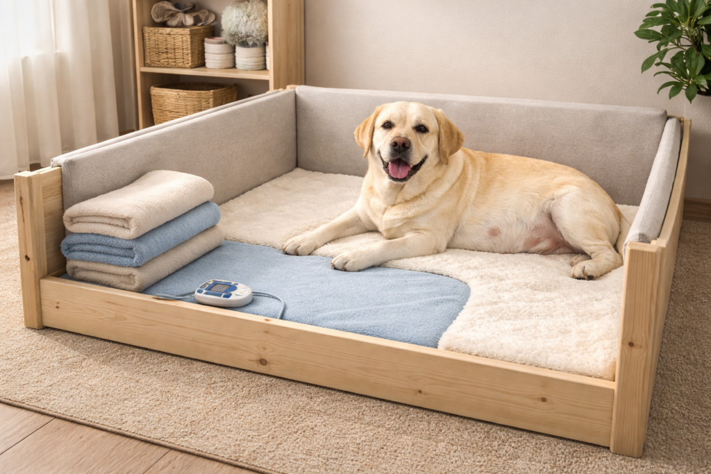 Preparing whelping box before due date using dog pregnancy calculator to plan safe delivery space for mother dog and puppies