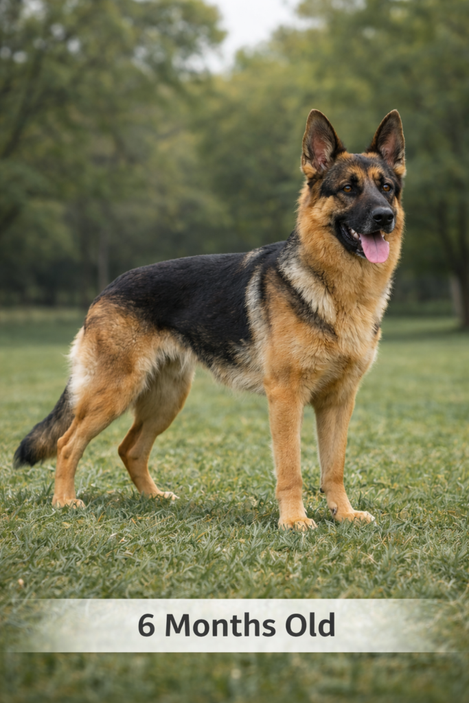 Six month old German Shepherd size example to understand what age a German Shepherd is fully grown and how big they are mid growth