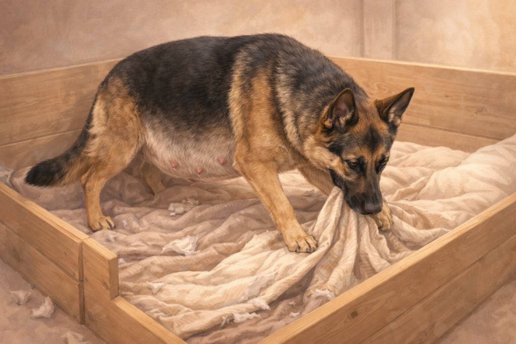Pregnant German Shepherd exhibiting nesting behaviour in whelping box during late pregnancy weeks 7 to 9