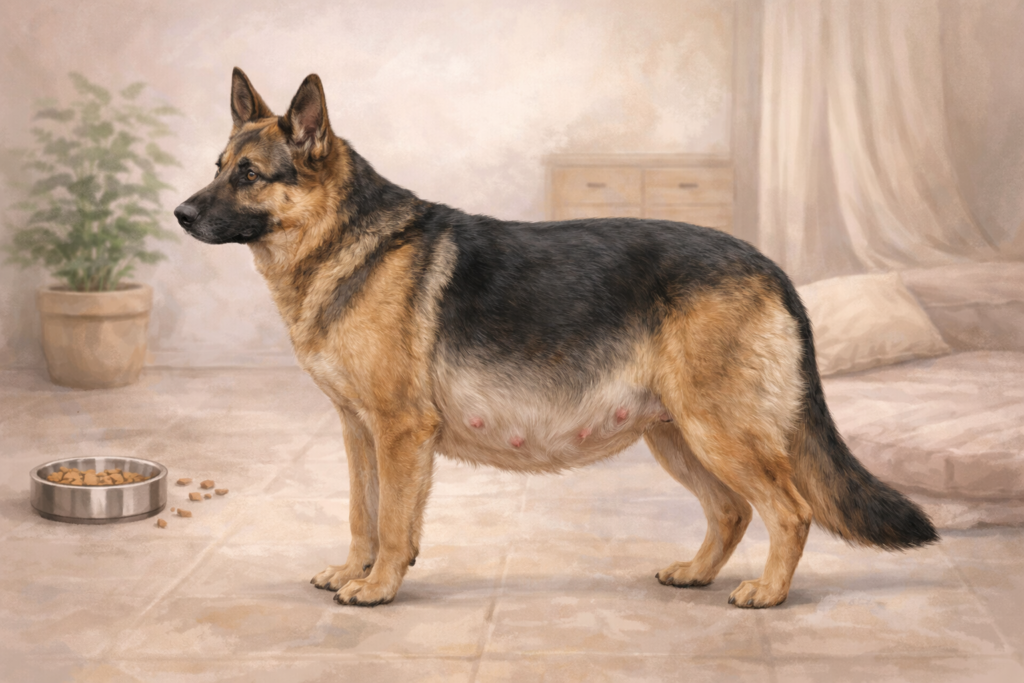 German Shepherd mid-pregnancy with gently rounded belly showing gradual weight gain and healthy development of puppies