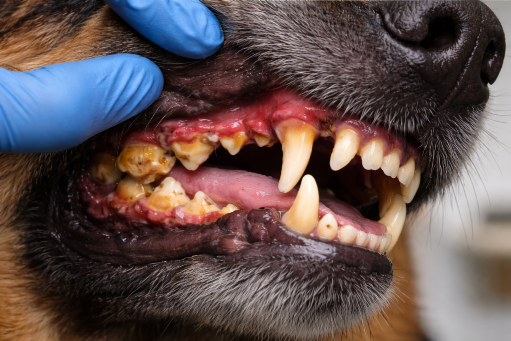 Poor dental hygiene as one of the main German Shepherd bad breath causes with visible tartar and gum disease