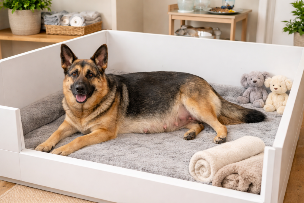 German Shepherd in prepared whelping box with bedding showing safe setup for labour and delivery during pregnancy care