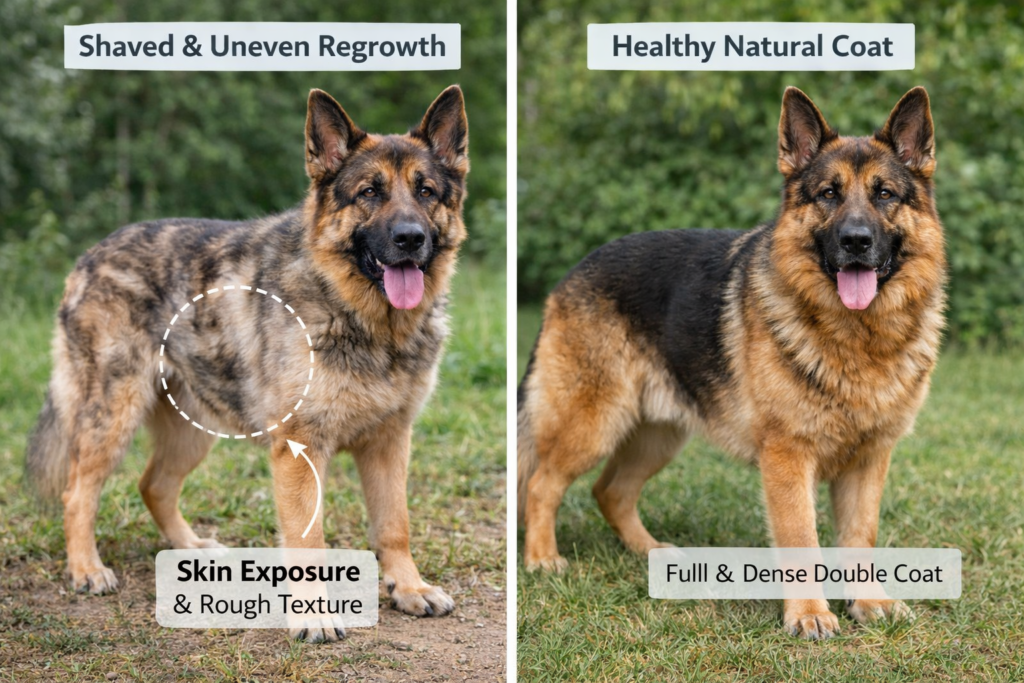 Shaved German Shepherd showing coat damage and uneven regrowth explaining risks of shaving a German Shepherd coat