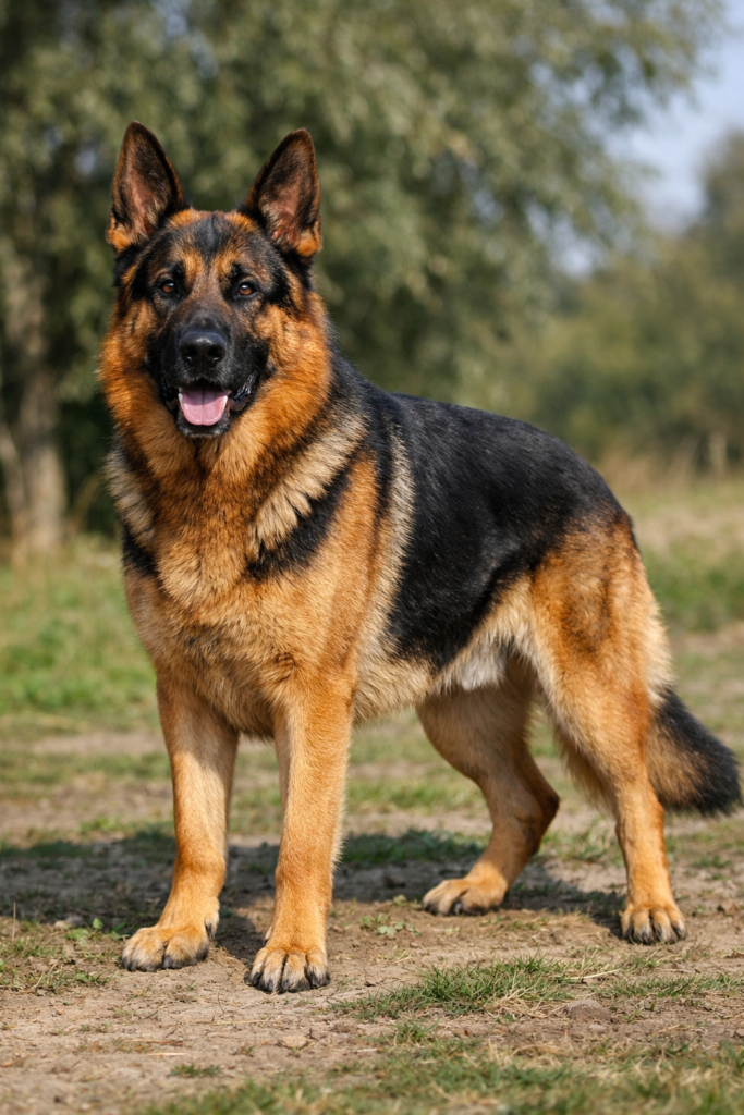 Fully grown adult German Shepherd showing what age a German Shepherd is fully grown with mature body, chest width, and final size