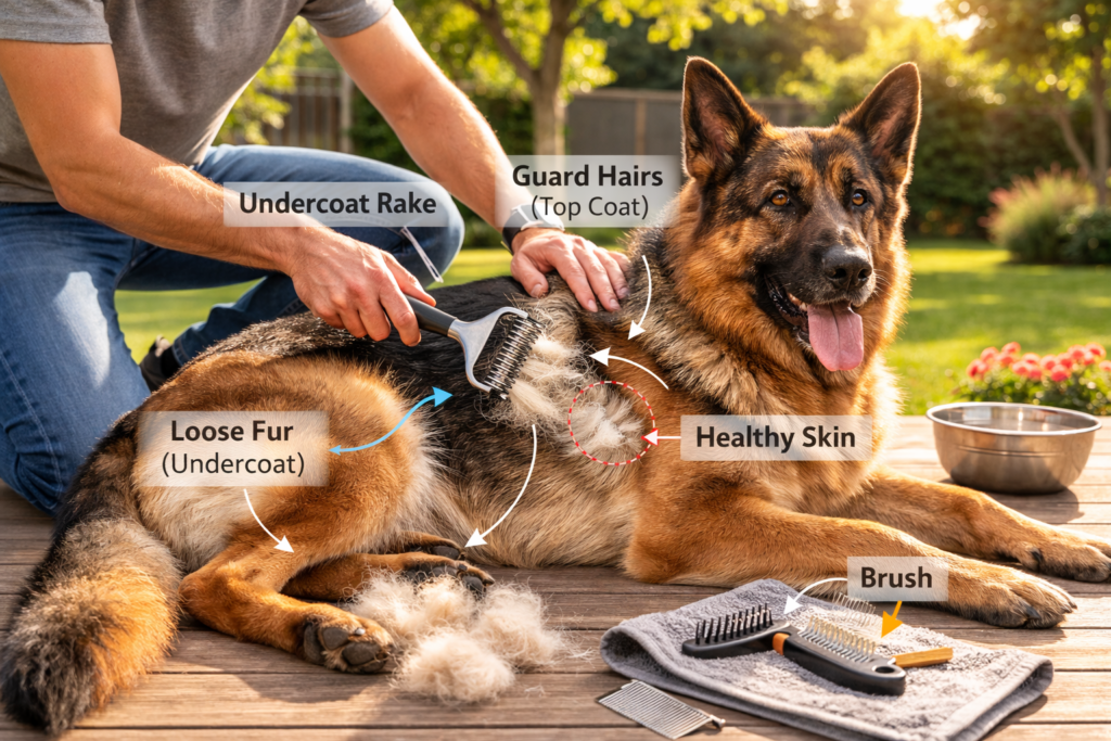 Owner brushing German Shepherd using undercoat rake to manage shedding instead of shaving the coat safely