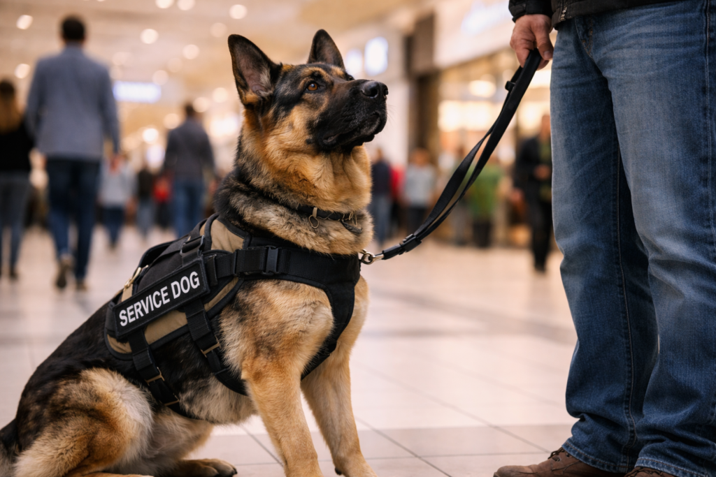 Calm German Shepherd service dog in public showing stable temperament and focus required when asking are German Shepherds good service dogs