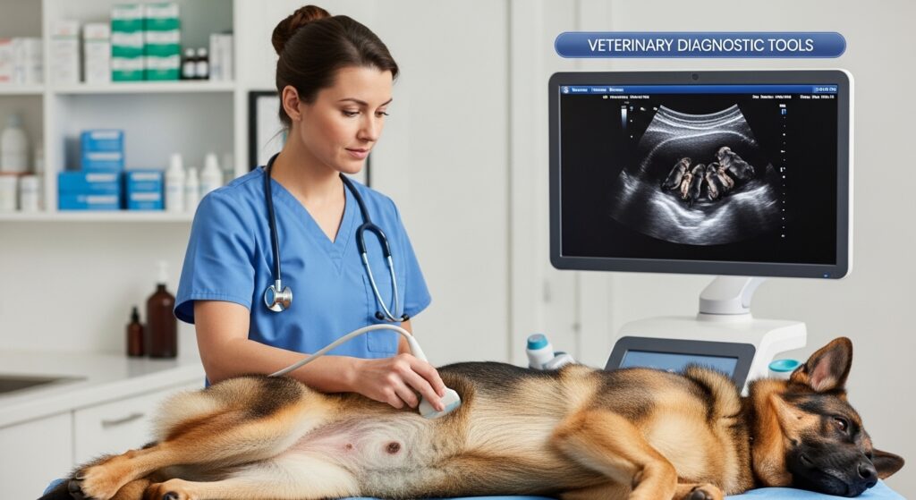 Ultrasound examination used to detect German Shepherd pregnancy complications and monitor puppy development safely