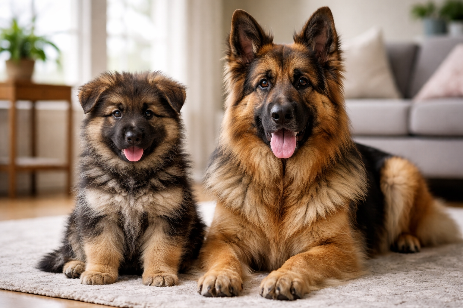German Shepherd puppy next to adult showing what age a German Shepherd is fully grown and how size changes from puppy to adult dog.